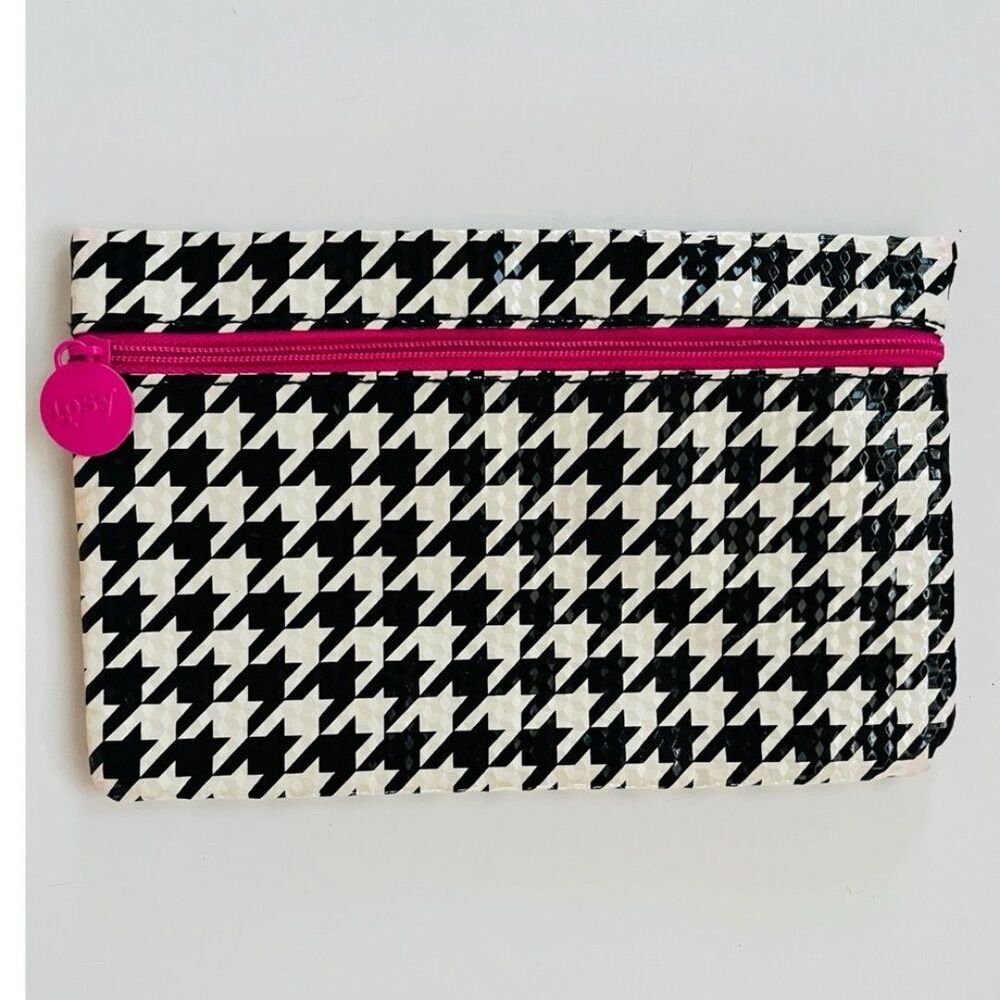 Ipsy Glam Bag Black White Houndstooth Hot Pink Zipper Makeup Pouch